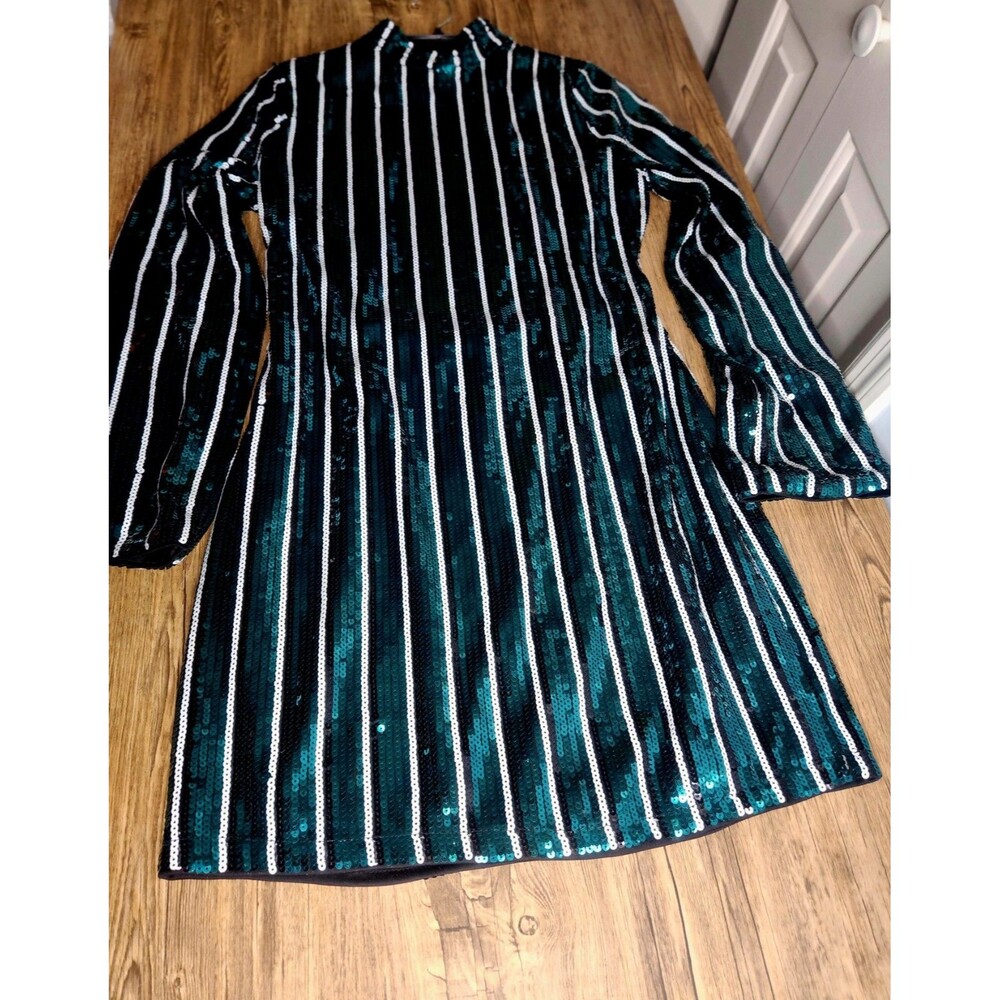 New Look Striped Sequin Mini Dress Embellished Mock Neck, Open Back, Women Sz 8